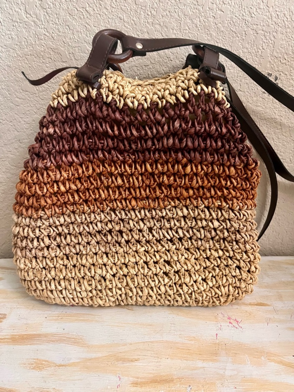 Handwoven Ombre Raffia Shoulder Bag with Dark Brown Leather Straps